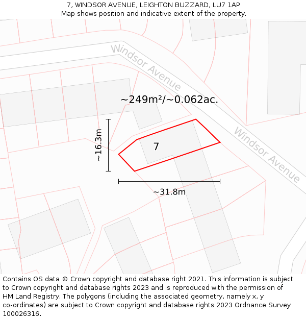 7, WINDSOR AVENUE, LEIGHTON BUZZARD, LU7 1AP: Plot and title map