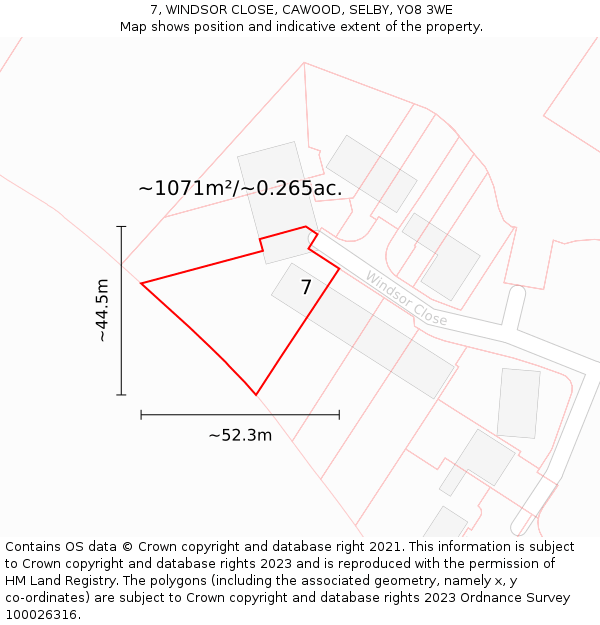 7, WINDSOR CLOSE, CAWOOD, SELBY, YO8 3WE: Plot and title map