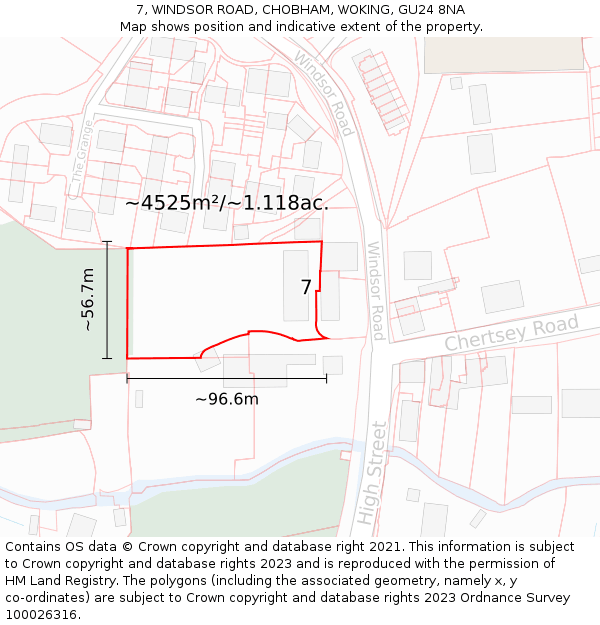 7, WINDSOR ROAD, CHOBHAM, WOKING, GU24 8NA: Plot and title map