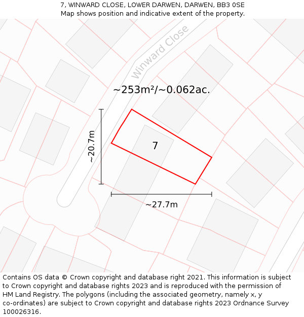 7, WINWARD CLOSE, LOWER DARWEN, DARWEN, BB3 0SE: Plot and title map