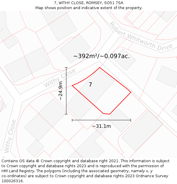 7, WITHY CLOSE, ROMSEY, SO51 7SA: Plot and title map