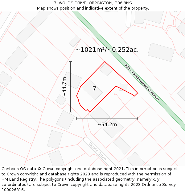 7, WOLDS DRIVE, ORPINGTON, BR6 8NS: Plot and title map