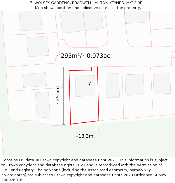 7, WOLSEY GARDENS, BRADWELL, MILTON KEYNES, MK13 9BH: Plot and title map