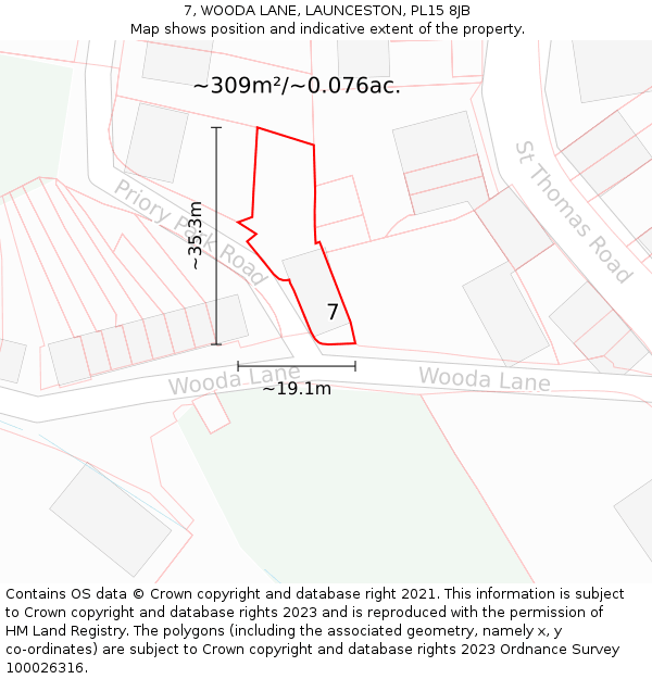 7, WOODA LANE, LAUNCESTON, PL15 8JB: Plot and title map