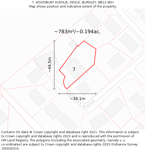 7, WOODBURY AVENUE, FENCE, BURNLEY, BB12 9EH: Plot and title map