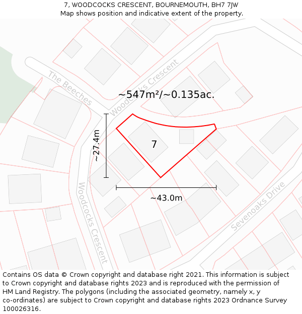 7, WOODCOCKS CRESCENT, BOURNEMOUTH, BH7 7JW: Plot and title map