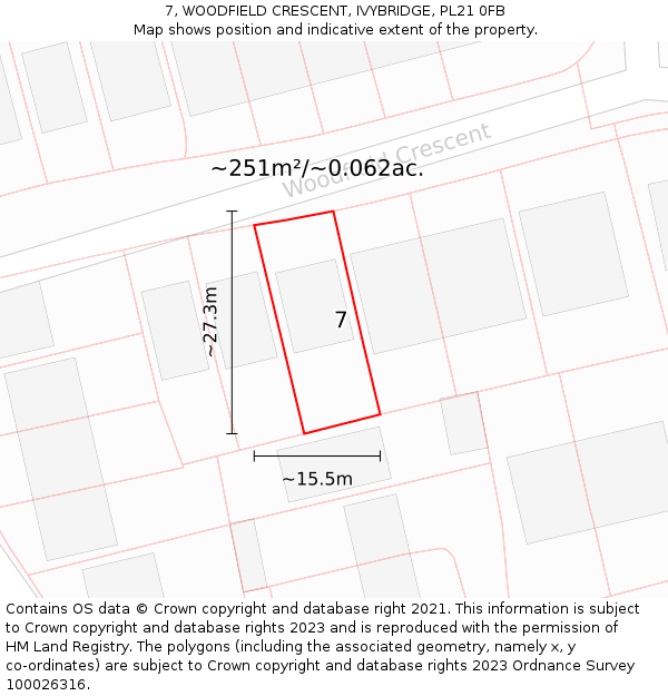 7, WOODFIELD CRESCENT, IVYBRIDGE, PL21 0FB: Plot and title map