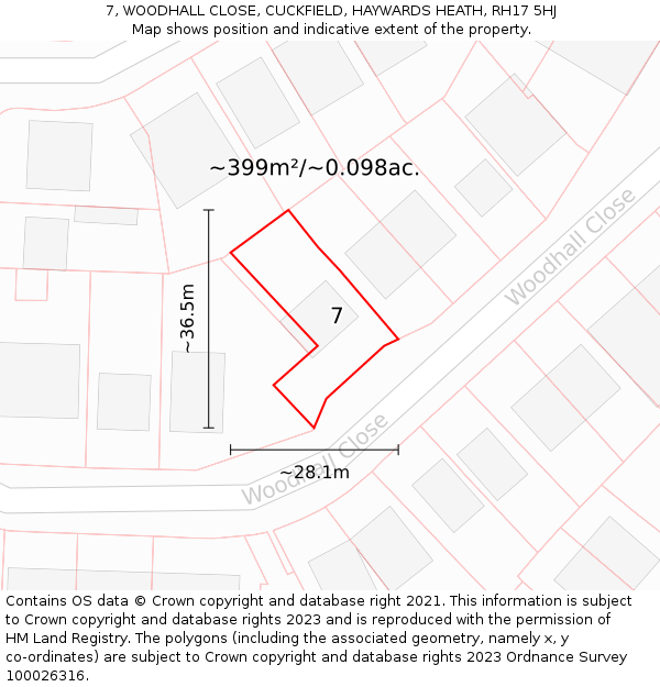 7, WOODHALL CLOSE, CUCKFIELD, HAYWARDS HEATH, RH17 5HJ: Plot and title map