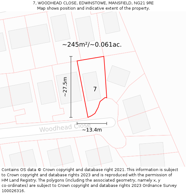 7, WOODHEAD CLOSE, EDWINSTOWE, MANSFIELD, NG21 9RE: Plot and title map