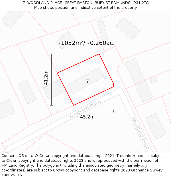 7, WOODLAND PLACE, GREAT BARTON, BURY ST EDMUNDS, IP31 2TG: Plot and title map