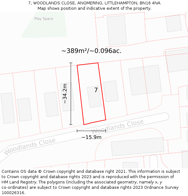 7, WOODLANDS CLOSE, ANGMERING, LITTLEHAMPTON, BN16 4NA: Plot and title map