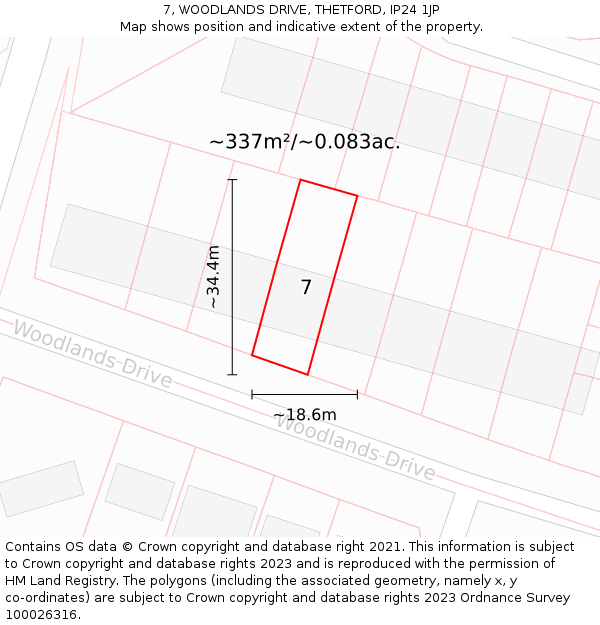 7, WOODLANDS DRIVE, THETFORD, IP24 1JP: Plot and title map