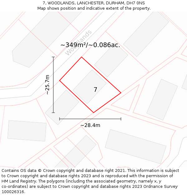 7, WOODLANDS, LANCHESTER, DURHAM, DH7 0NS: Plot and title map