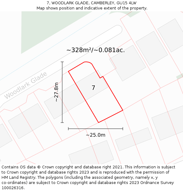 7, WOODLARK GLADE, CAMBERLEY, GU15 4LW: Plot and title map