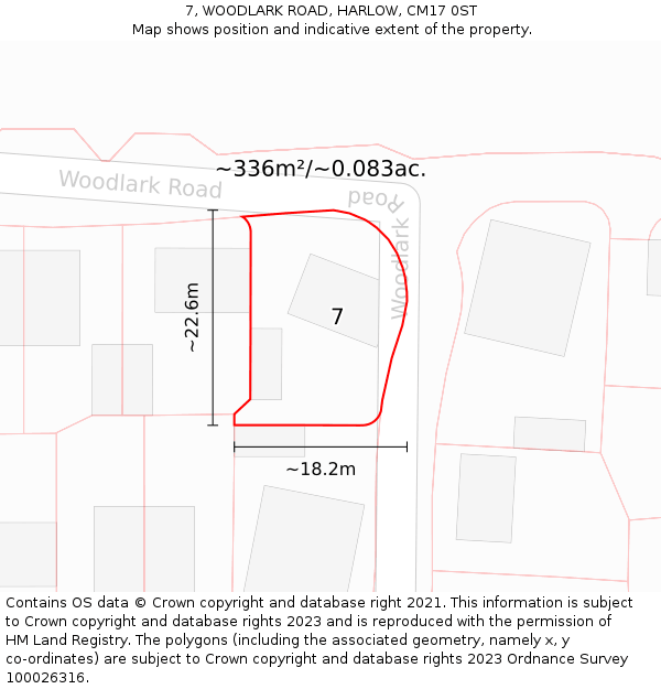 7, WOODLARK ROAD, HARLOW, CM17 0ST: Plot and title map