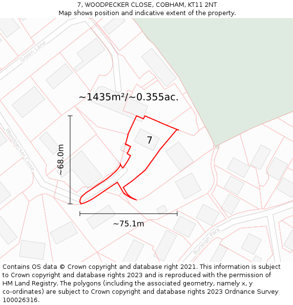 7, WOODPECKER CLOSE, COBHAM, KT11 2NT: Plot and title map