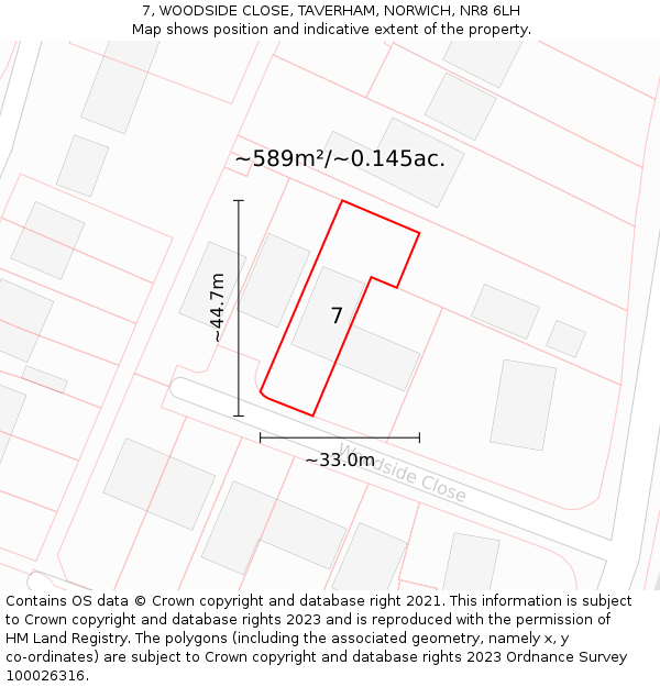 7, WOODSIDE CLOSE, TAVERHAM, NORWICH, NR8 6LH: Plot and title map