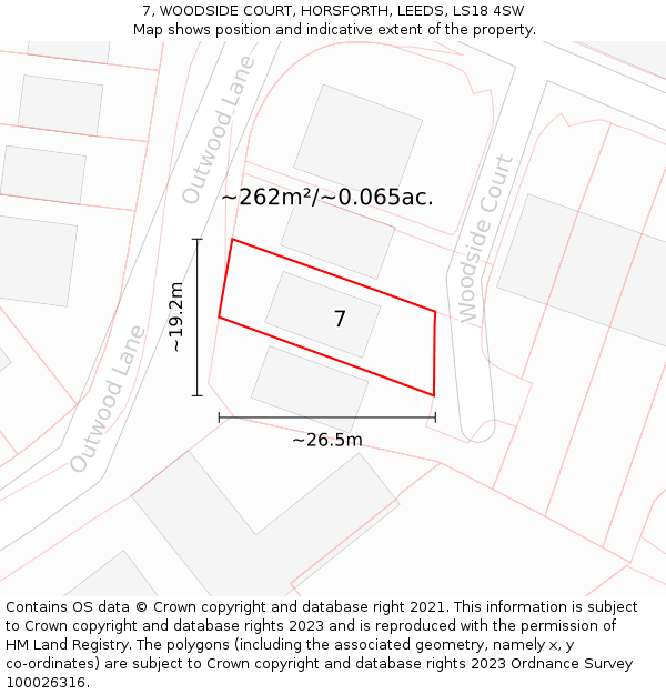 7, WOODSIDE COURT, HORSFORTH, LEEDS, LS18 4SW: Plot and title map