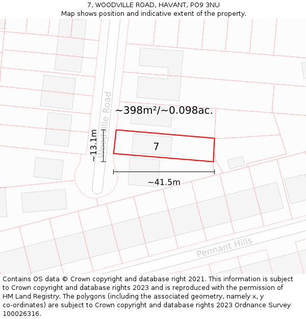 7, WOODVILLE ROAD, HAVANT, PO9 3NU: Plot and title map