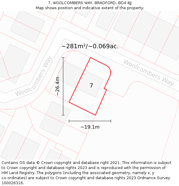 7, WOOLCOMBERS WAY, BRADFORD, BD4 8JJ: Plot and title map