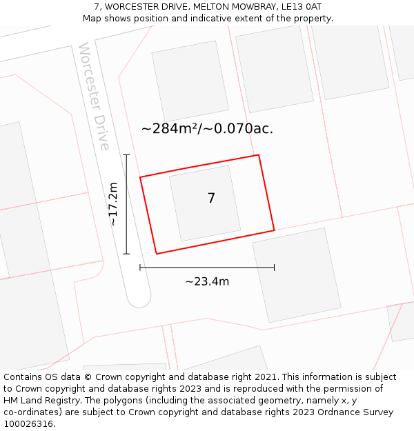 7, WORCESTER DRIVE, MELTON MOWBRAY, LE13 0AT: Plot and title map