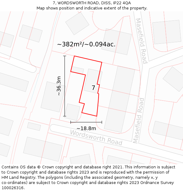 7, WORDSWORTH ROAD, DISS, IP22 4QA: Plot and title map