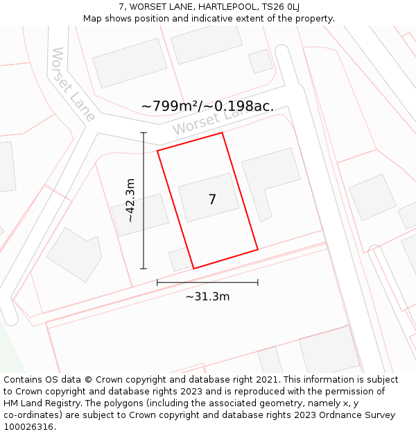 7, WORSET LANE, HARTLEPOOL, TS26 0LJ: Plot and title map