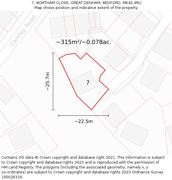 7, WORTHAM CLOSE, GREAT DENHAM, BEDFORD, MK40 4RU: Plot and title map