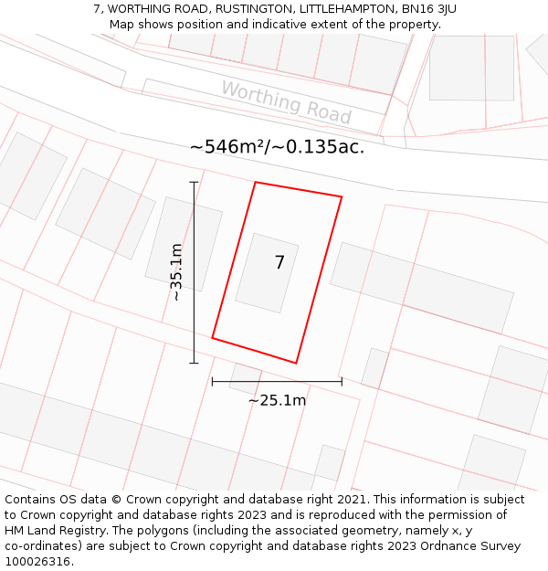 7, WORTHING ROAD, RUSTINGTON, LITTLEHAMPTON, BN16 3JU: Plot and title map