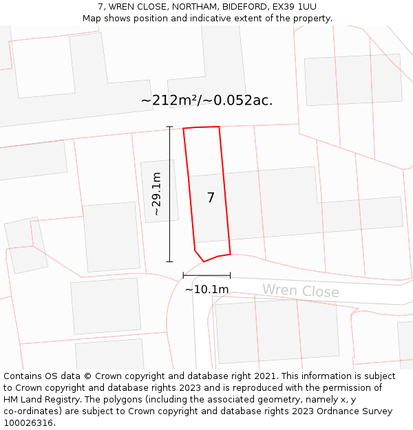 7, WREN CLOSE, NORTHAM, BIDEFORD, EX39 1UU: Plot and title map
