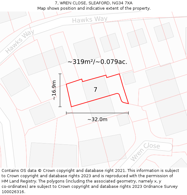 7, WREN CLOSE, SLEAFORD, NG34 7XA: Plot and title map