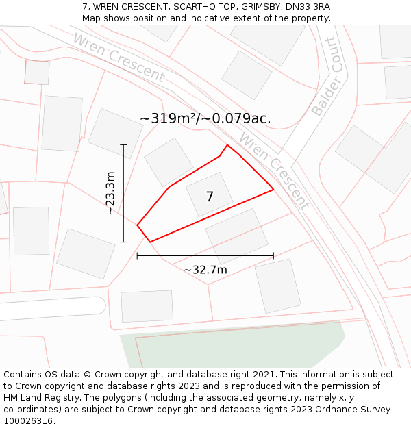 7, WREN CRESCENT, SCARTHO TOP, GRIMSBY, DN33 3RA: Plot and title map