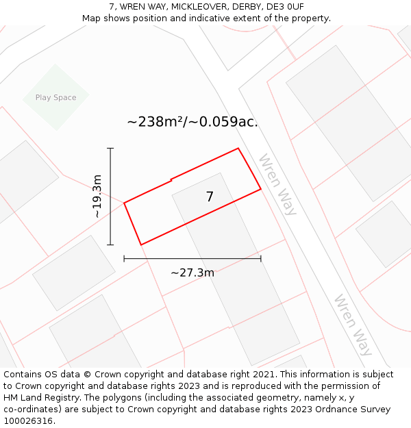 7, WREN WAY, MICKLEOVER, DERBY, DE3 0UF: Plot and title map