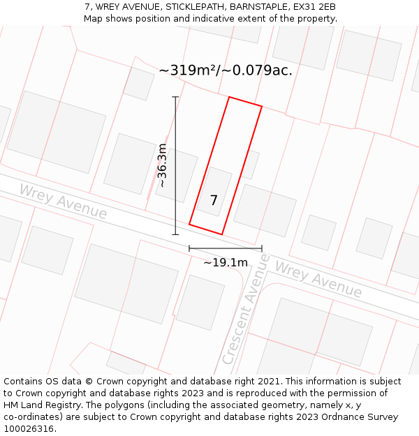 7, WREY AVENUE, STICKLEPATH, BARNSTAPLE, EX31 2EB: Plot and title map