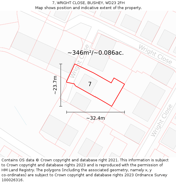 7, WRIGHT CLOSE, BUSHEY, WD23 2FH: Plot and title map