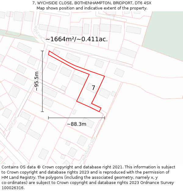 7, WYCHSIDE CLOSE, BOTHENHAMPTON, BRIDPORT, DT6 4SX: Plot and title map