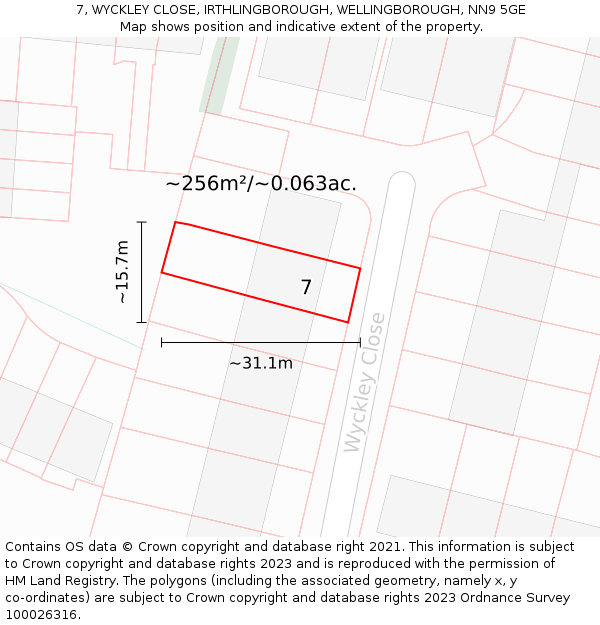 7, WYCKLEY CLOSE, IRTHLINGBOROUGH, WELLINGBOROUGH, NN9 5GE: Plot and title map