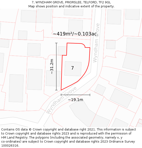 7, WYNDHAM GROVE, PRIORSLEE, TELFORD, TF2 9GL: Plot and title map
