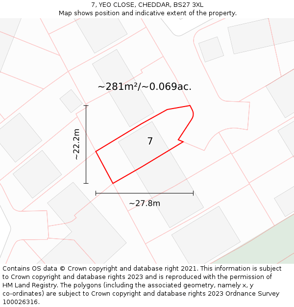 7, YEO CLOSE, CHEDDAR, BS27 3XL: Plot and title map
