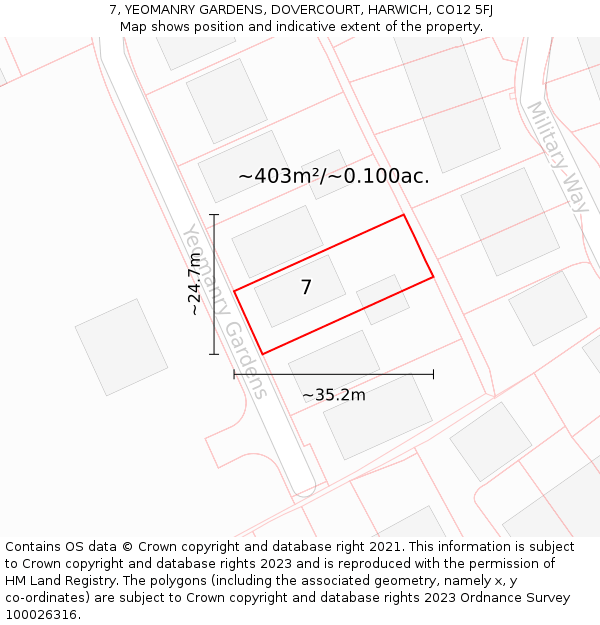 7, YEOMANRY GARDENS, DOVERCOURT, HARWICH, CO12 5FJ: Plot and title map