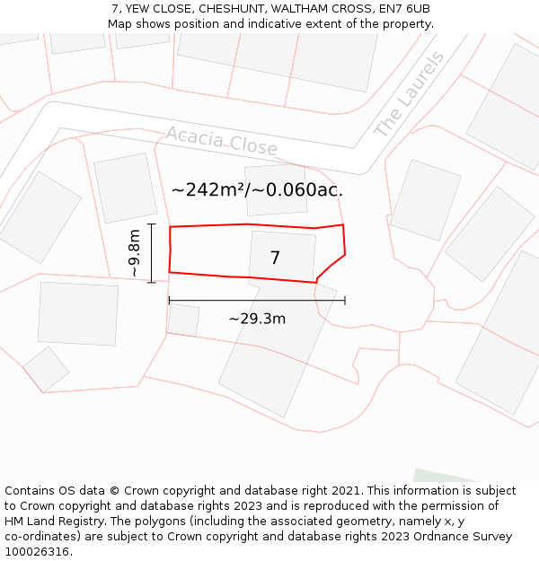 7, YEW CLOSE, CHESHUNT, WALTHAM CROSS, EN7 6UB: Plot and title map