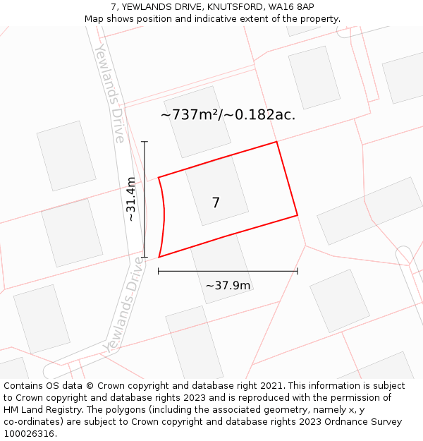 7, YEWLANDS DRIVE, KNUTSFORD, WA16 8AP: Plot and title map