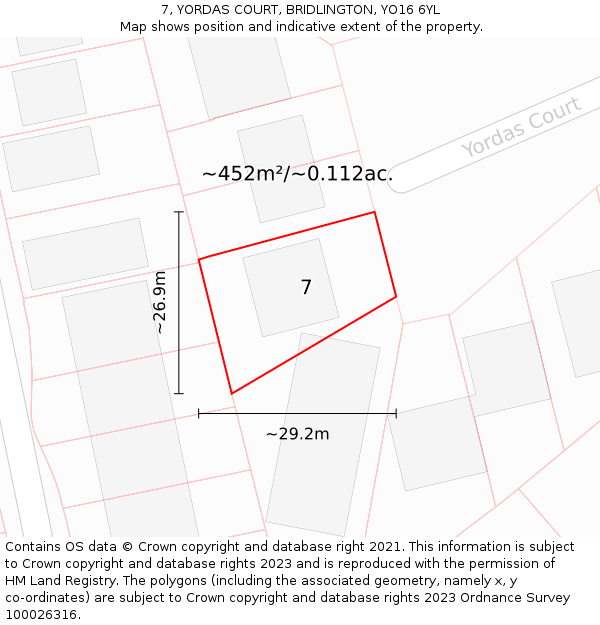 7, YORDAS COURT, BRIDLINGTON, YO16 6YL: Plot and title map