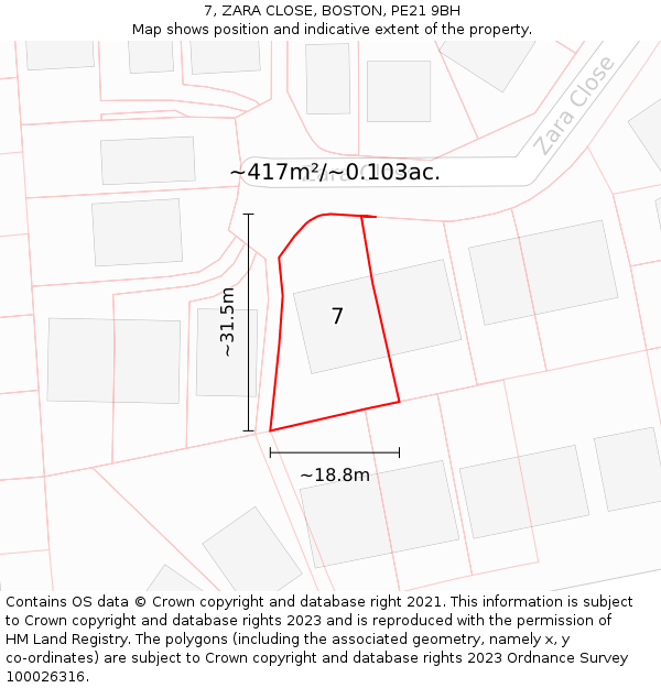 7, ZARA CLOSE, BOSTON, PE21 9BH: Plot and title map