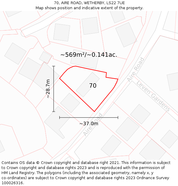 70, AIRE ROAD, WETHERBY, LS22 7UE: Plot and title map