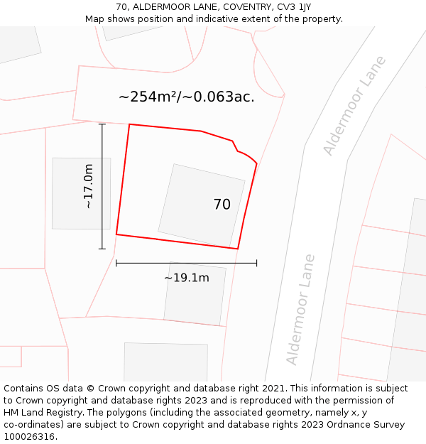 70, ALDERMOOR LANE, COVENTRY, CV3 1JY: Plot and title map