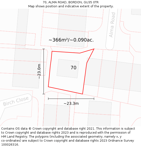 70, ALMA ROAD, BORDON, GU35 0TR: Plot and title map