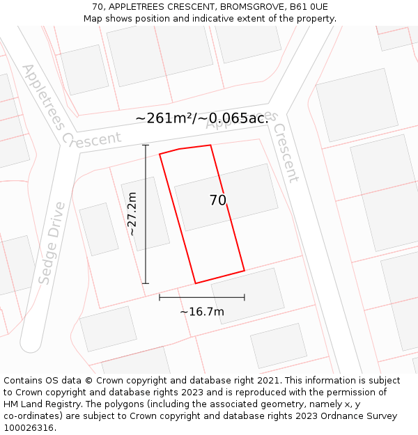 70, APPLETREES CRESCENT, BROMSGROVE, B61 0UE: Plot and title map