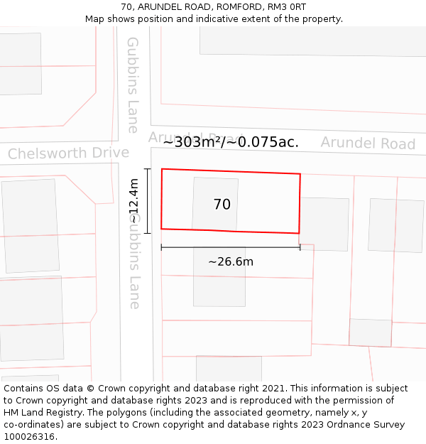 70, ARUNDEL ROAD, ROMFORD, RM3 0RT: Plot and title map