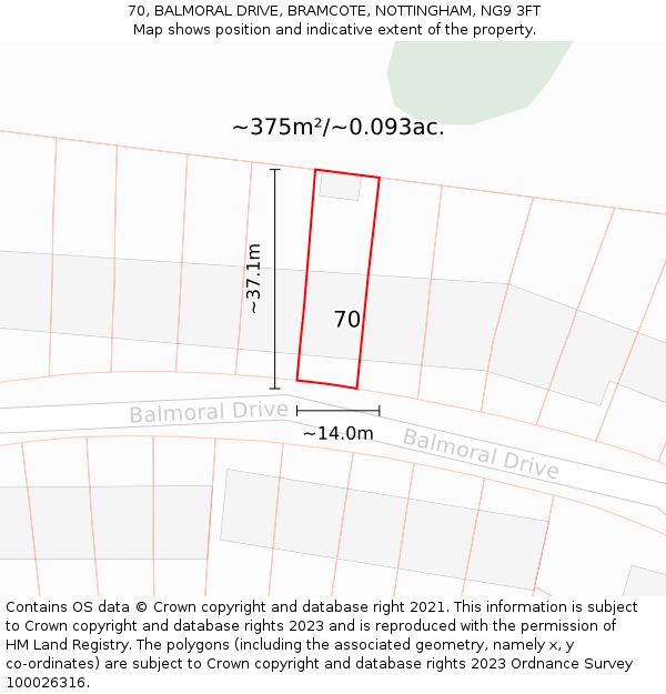 70, BALMORAL DRIVE, BRAMCOTE, NOTTINGHAM, NG9 3FT: Plot and title map